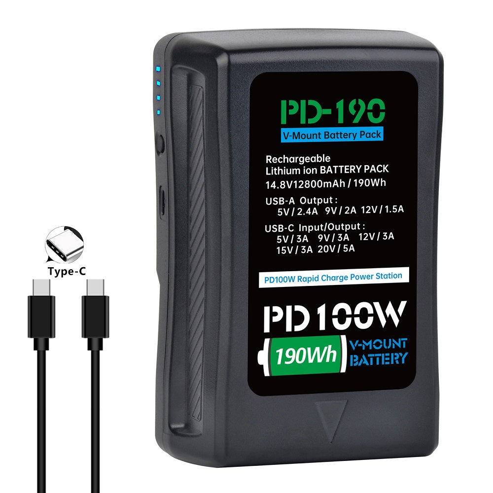 PD‑190 14.8V 12800mAh Rechargeable V‑Mount V‑Lock Battery with USB for Broadcast Cameras, LED Video Lights and Monitors