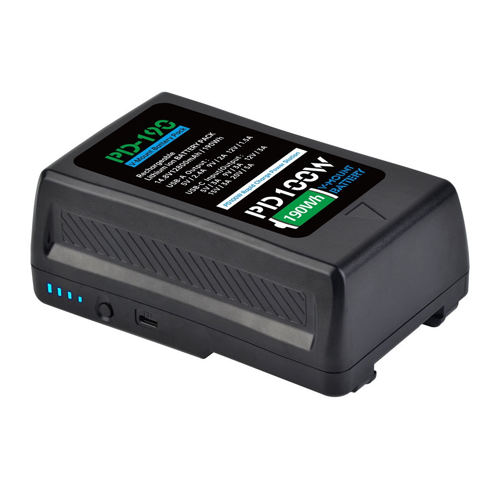 PD‑190 14.8V 12800mAh Rechargeable V‑Mount V‑Lock Battery with USB for Broadcast Cameras, LED Video Lights and Monitors